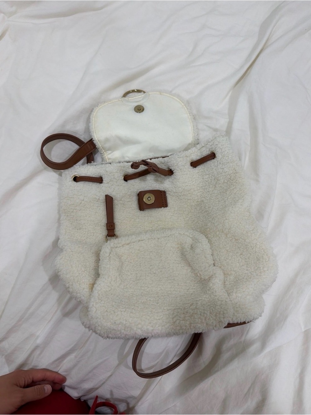 Shearling Drawstring Backpack - White with Brown Trim